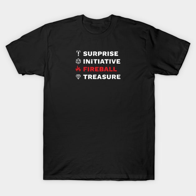 Surprise, Initiative, Fireball, Treasure DnD T-Shirt by DnlDesigns